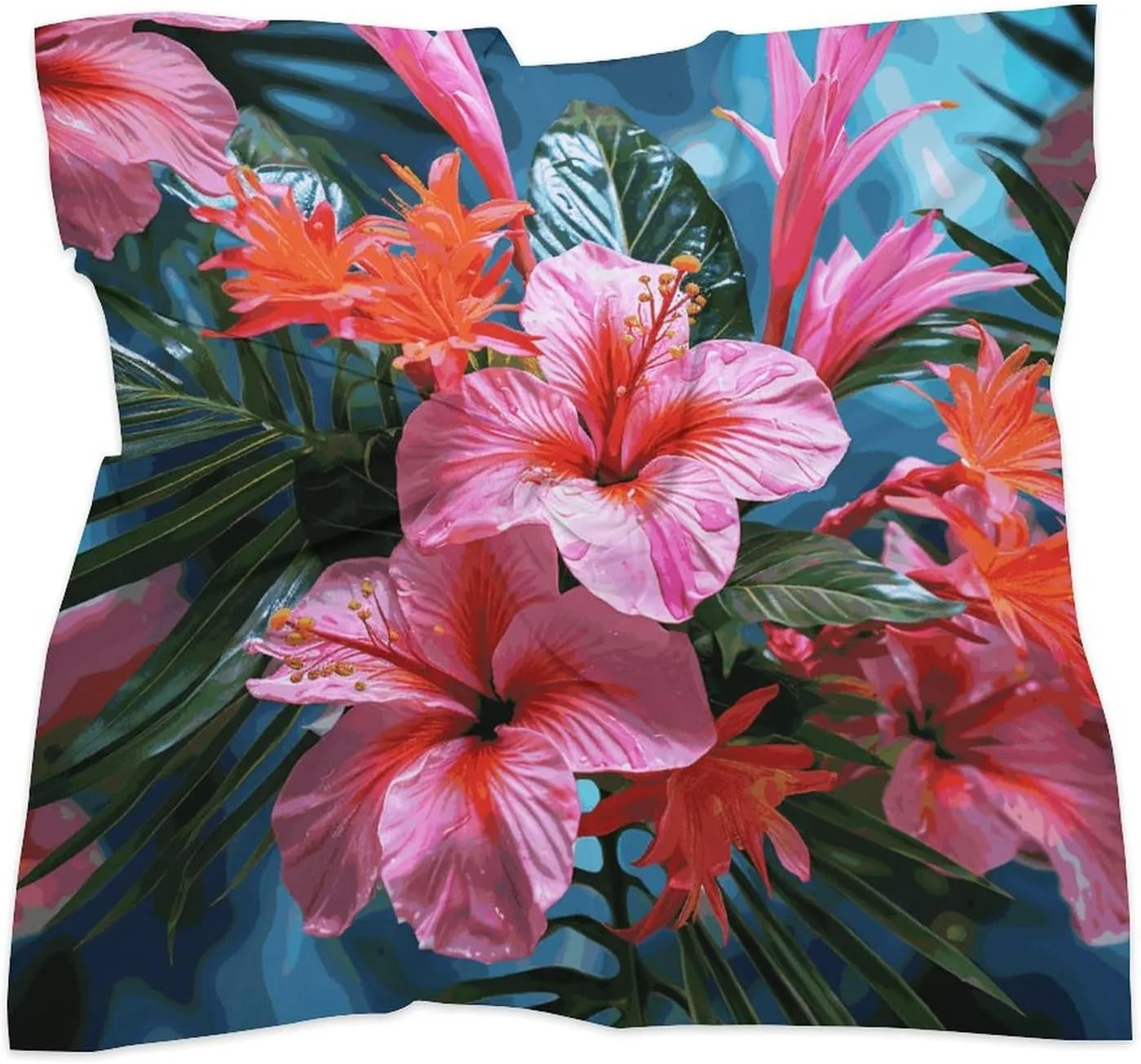 18" Silk Scarf Lightweight Satin Pink Flower Tropical Plant Head Scarf Fashion Neck Head Scarves Headband Silk Scarves for Women Men Boho Hair Wrap Kerchief Hair Bandanas Square Neckerchief