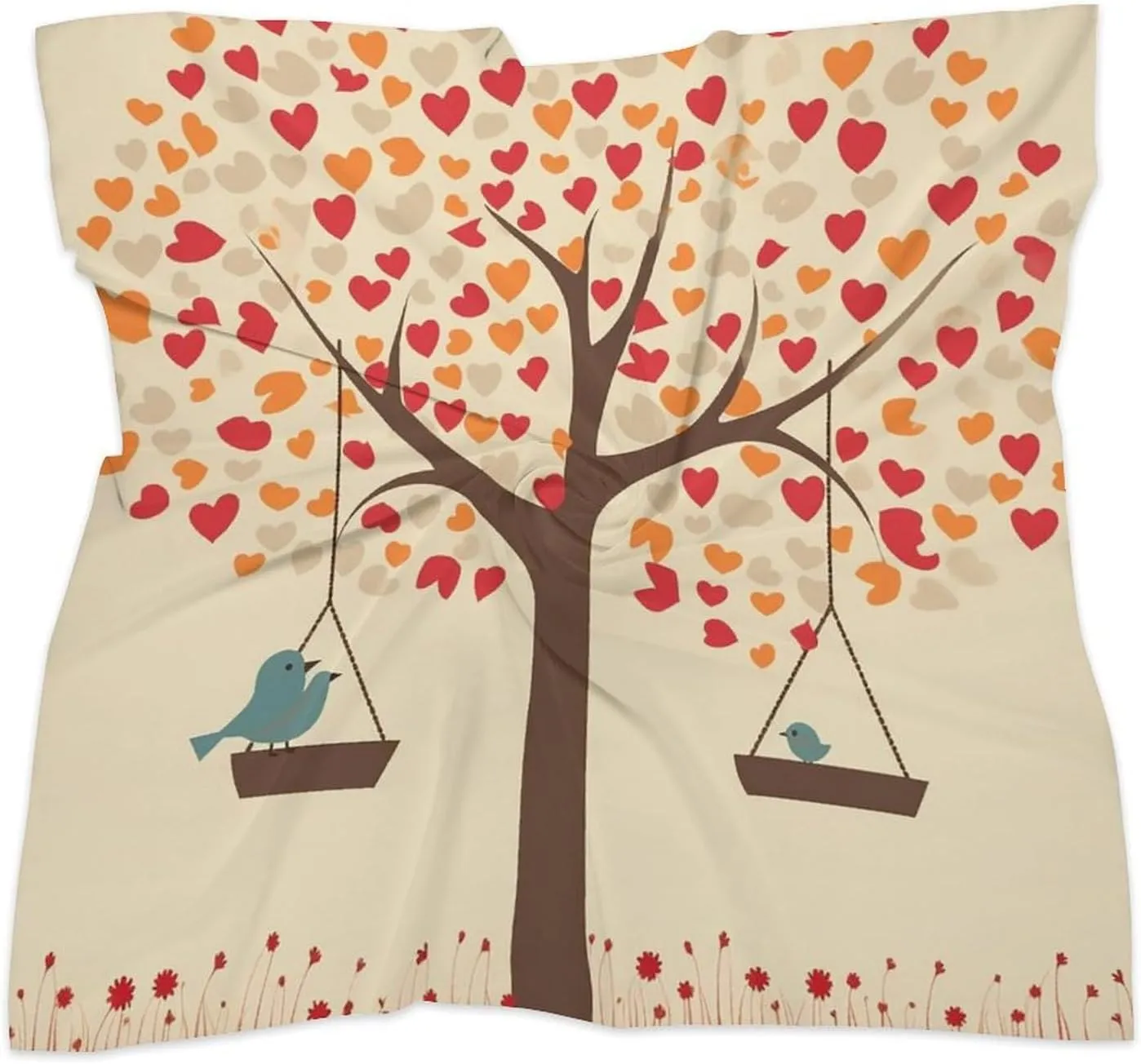 18" Silk Scarf Lightweight Satin Tree with Birds on Swing Head Scarf Fashion Neck Head Scarves Headband Silk Scarves for Women Men Boho Hair Wrap Kerchief Hair Bandanas Square Neckerchief