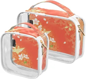 2 Pack Clear Cosmetic Bags with Handles-Red Print  PVC Toiletry Bags Zipper Waterproof Portable Travel Storage Pouch