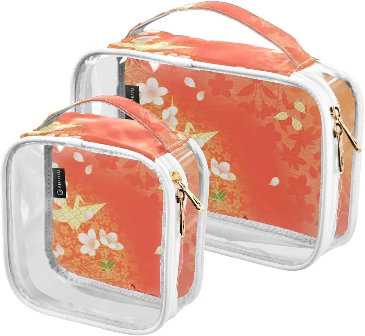 2 Pack Clear Cosmetic Bags with Handles-Red Print  PVC Toiletry Bags Zipper Waterproof Portable Travel Storage Pouch
