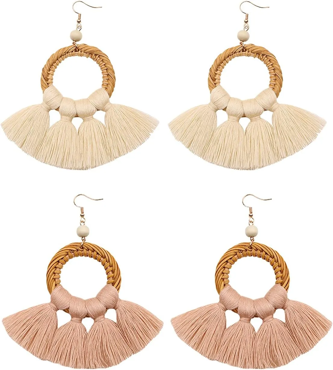 2 Paris Handmade Rattan Large Circle Wooden Rattan Tassel Dangle Earrings with Cotton Thread Fringe Drop Earrings Statement Jewelry for Women