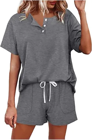 2 Piece Shorts Set for Women Vacation Solid Color Button Up Tops Short Sleeved T Shirts Anf Shorts Casual Sets 2024