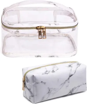 2 Pieces Clear Makeup Bag Organizer Marble Large Toiletry Bag Waterproof Transparent Travel Portable PVC Cosmetic Pouch With Handle Gold Zipper Storage Case for Women,White