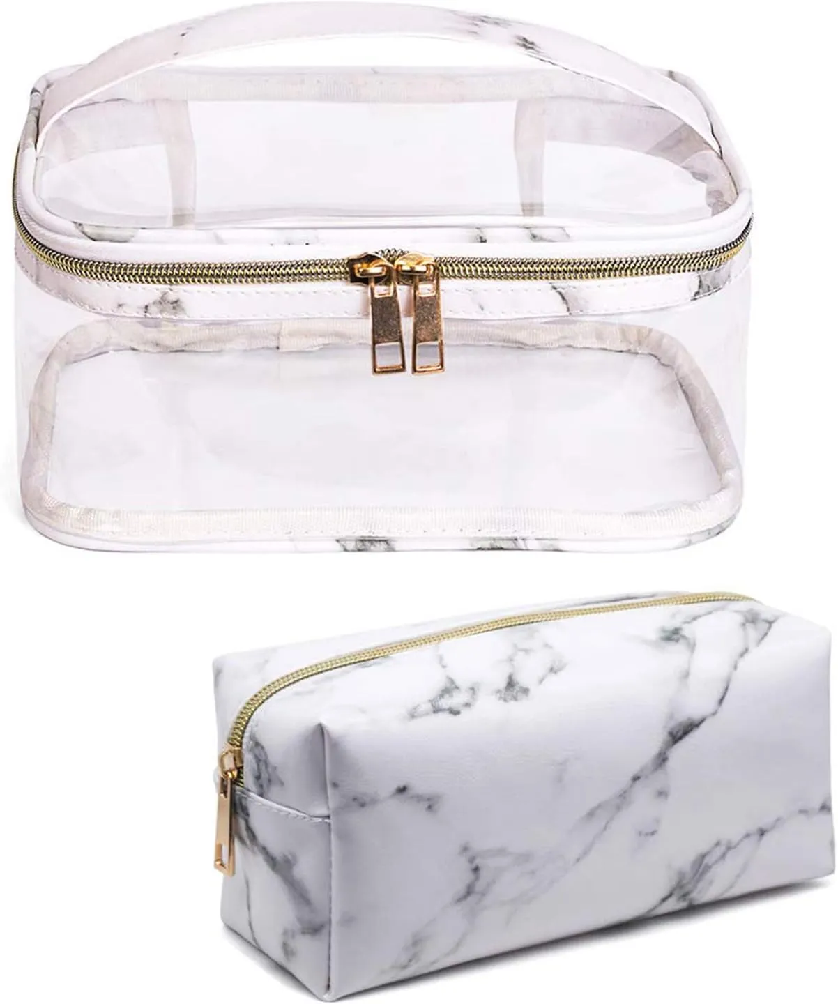 2 Pieces Clear Makeup Bag Organizer Marble Large Toiletry Bag Waterproof Transparent Travel Portable PVC Cosmetic Pouch With Handle Gold Zipper Storage Case for Women,White