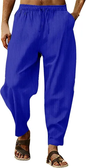 2023 Mens Linen Harem Capri Pants Plus Size Lightweight Loose Drawstring Elastic Waist Trousers Casual Beach Yoga Sweatpants