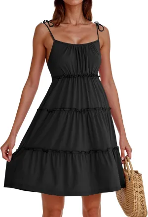 2025 Summer Dresses Trendy Cute Tie Ruffle Mini Dress Sling Women's Sundress Vacation Beach Short