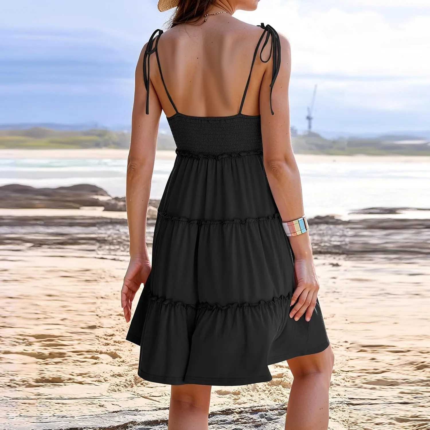 2025 Summer Dresses Trendy Cute Tie Ruffle Mini Dress Sling Women's Sundress Vacation Beach Short