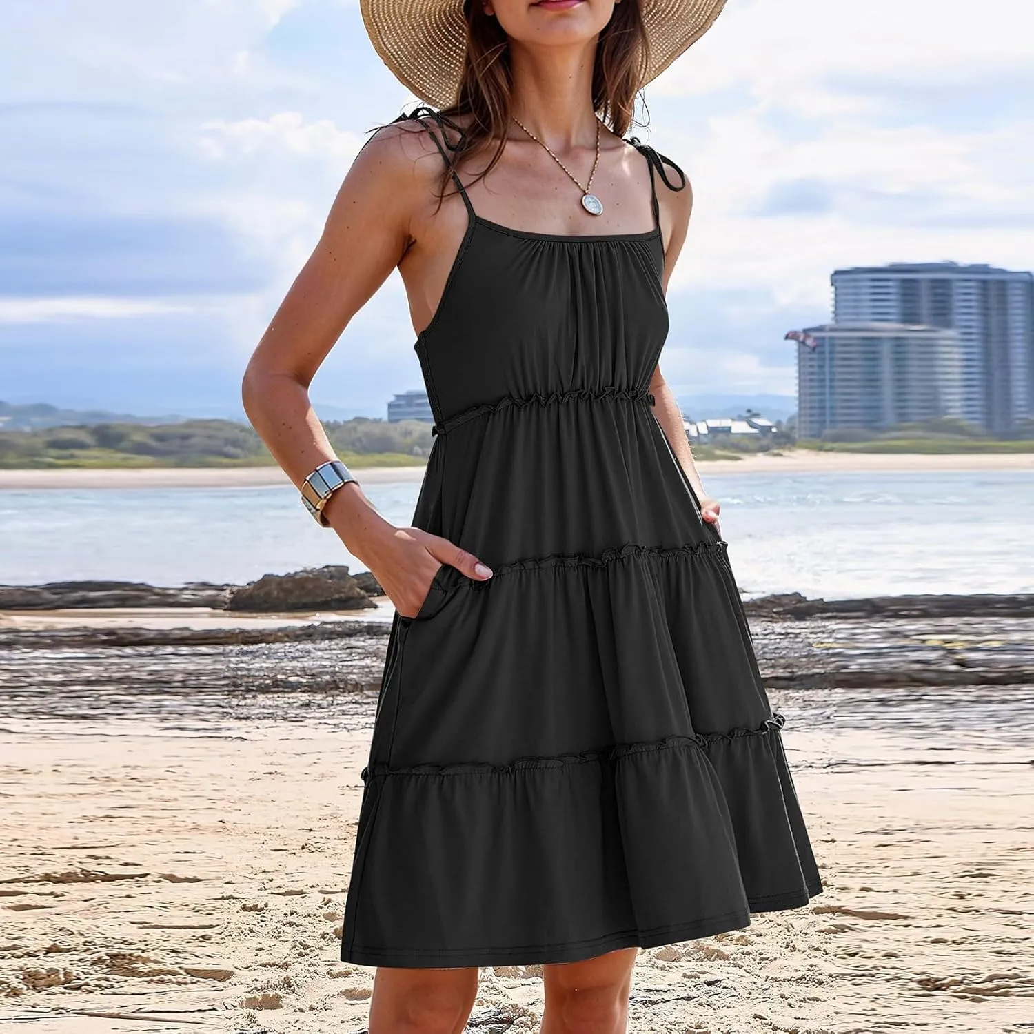 2025 Summer Dresses Trendy Cute Tie Ruffle Mini Dress Sling Women's Sundress Vacation Beach Short
