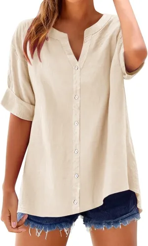 2025 Summer Linen Tops for Women Trendy Roll Up Short Sleeve Tshirts Workout Button Down Plus Size Cotton Linen Shirt