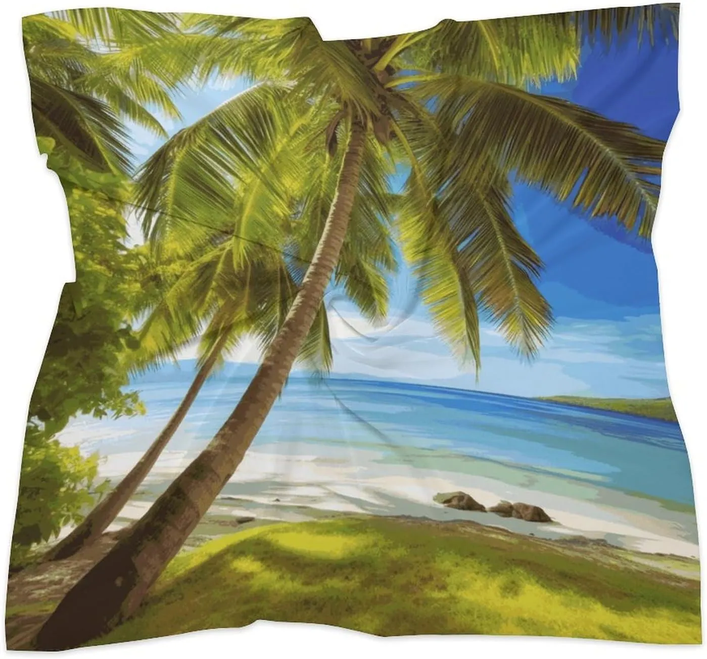 25" Silk Scarf Lightweight Satin Green Palm Trees Ocean Head Scarf Fashion Neck Head Scarves Headband Silk Scarves for Women Men Boho Hair Wrap Kerchief Hair Bandanas Square Neckerchief