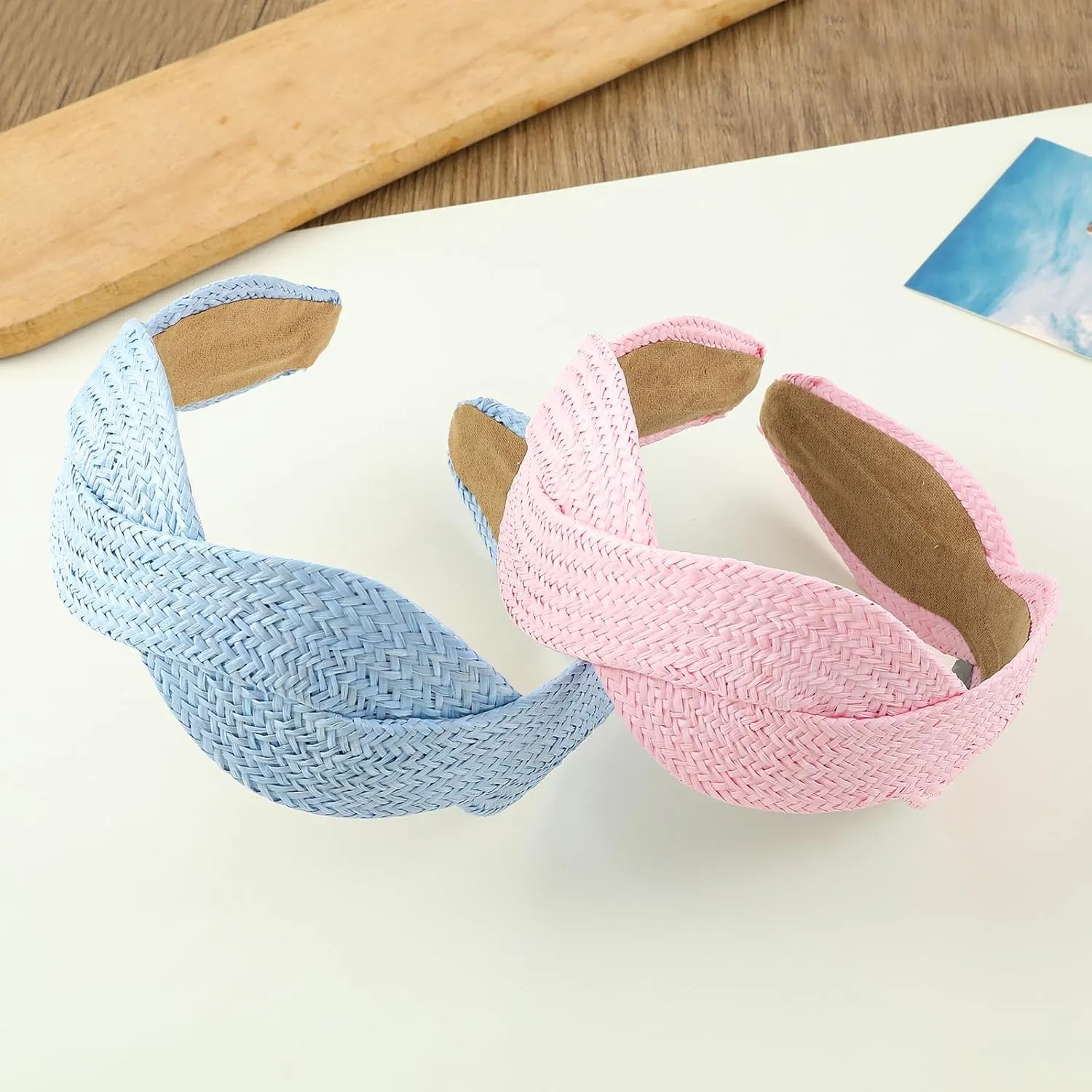 2Pack Fashion Rattan Headband for Women | Summer Wide Straw Headband | Pink Blue Woven Headbands for Women | Summer Beach Boho Braided Head Bands Non Slip Hairbands Accessories
