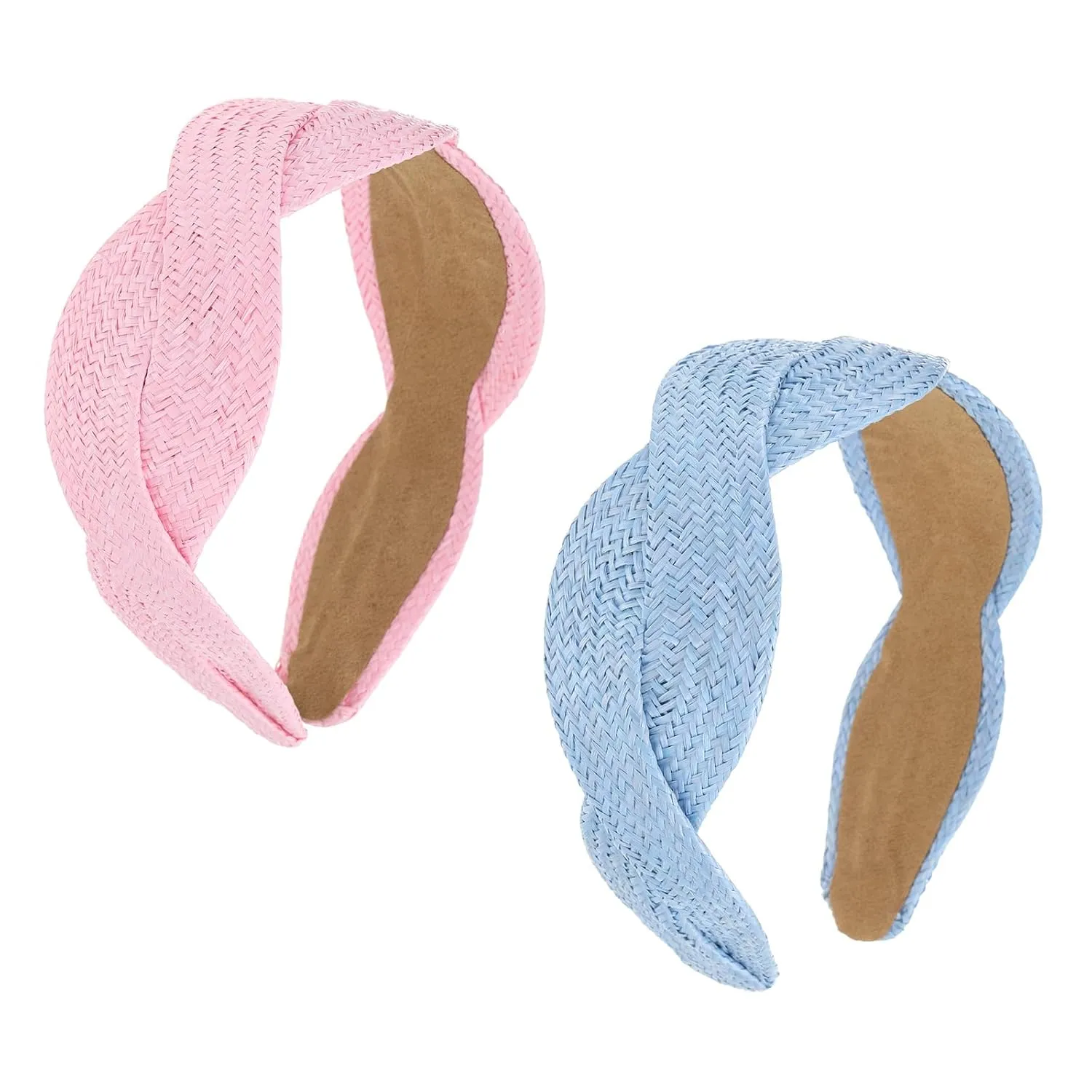 2Pack Fashion Rattan Headband for Women | Summer Wide Straw Headband | Pink Blue Woven Headbands for Women | Summer Beach Boho Braided Head Bands Non Slip Hairbands Accessories