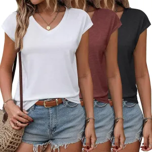3 Pack Women's Summer Tops Casual Spring V Neck T Shirts Cap Sleeve Trendy Beach Vacation Clothes Fashion Basic Tees