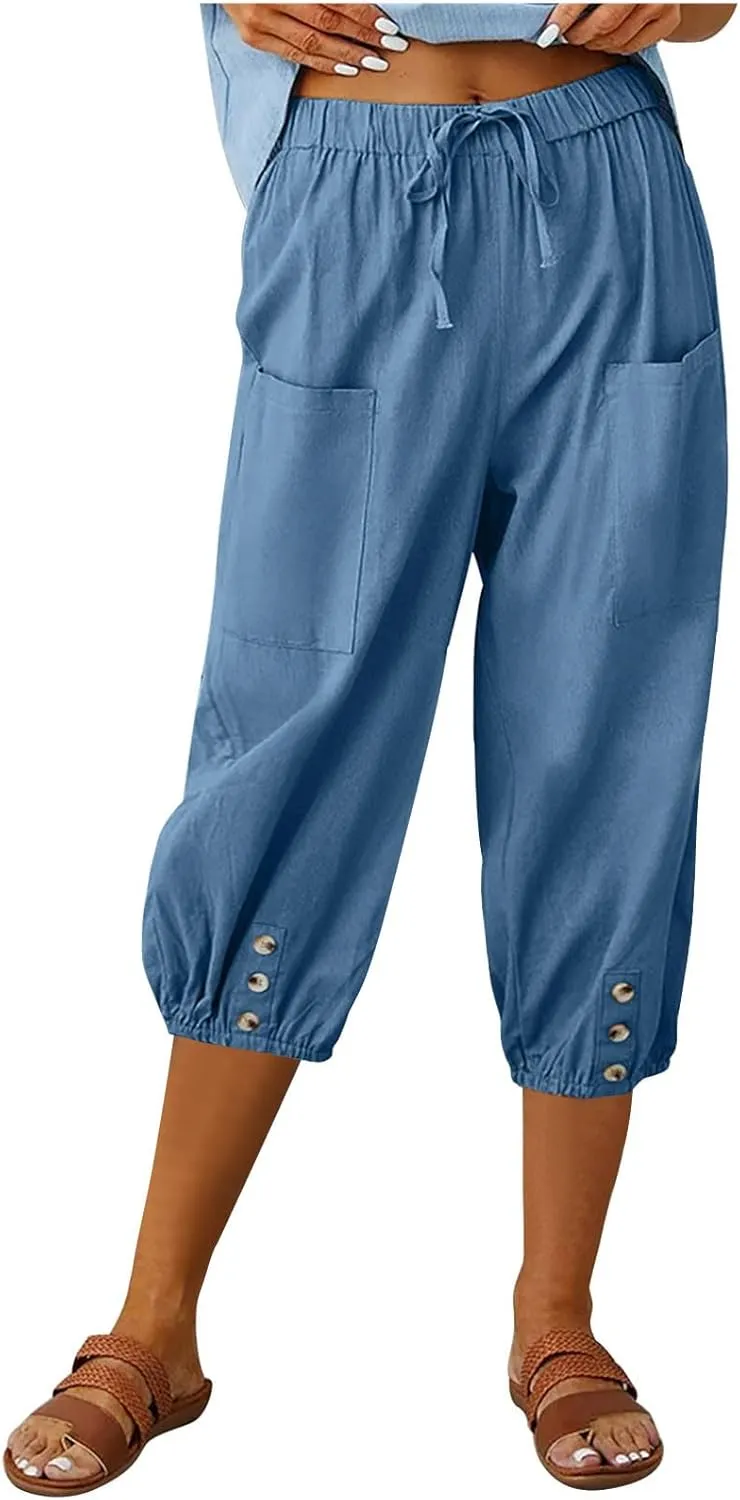 3/4 Length Cotton Linen Trousers for Women Wide Leg Comfy Capri Pants with Front Pockets Baggy Summer Cropped Trouser