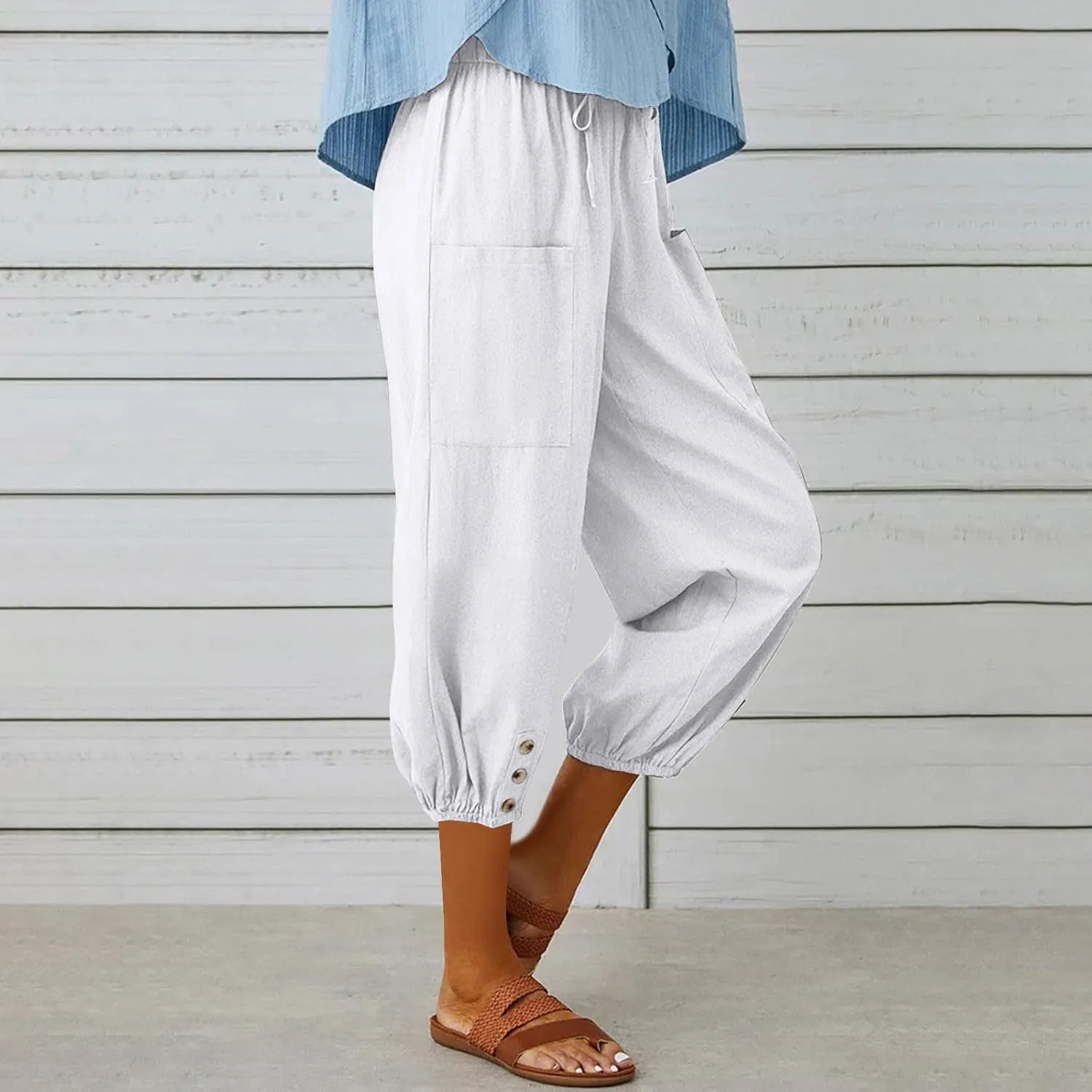 3/4 Length Cotton Linen Trousers for Women Wide Leg Comfy Capri Pants with Front Pockets Baggy Summer Cropped Trouser