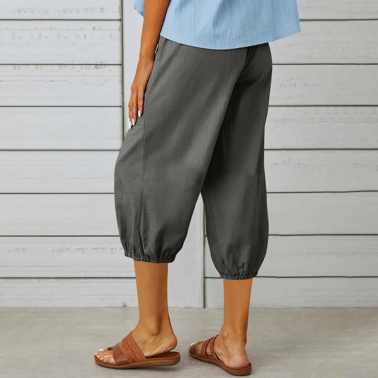 3/4 Length Cotton Linen Trousers for Women Wide Leg Comfy Capri Pants with Front Pockets Baggy Summer Cropped Trouser