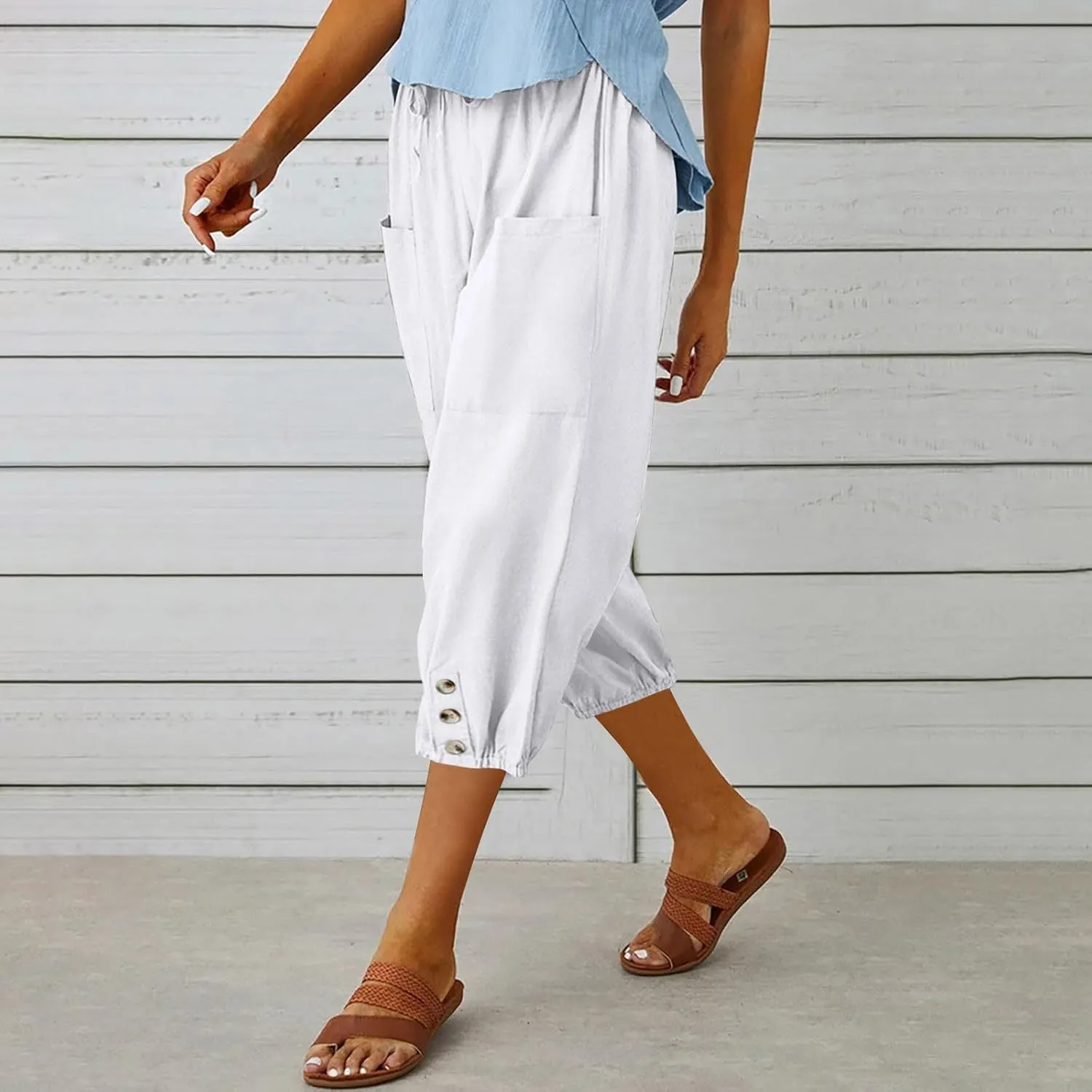 3/4 Length Cotton Linen Trousers for Women Wide Leg Comfy Capri Pants with Front Pockets Baggy Summer Cropped Trouser