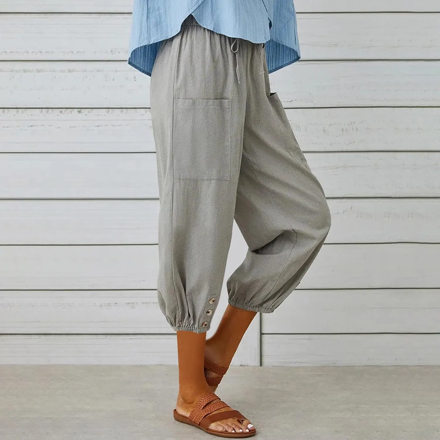 3/4 Length Cotton Linen Trousers for Women Wide Leg Comfy Capri Pants with Front Pockets Baggy Summer Cropped Trouser