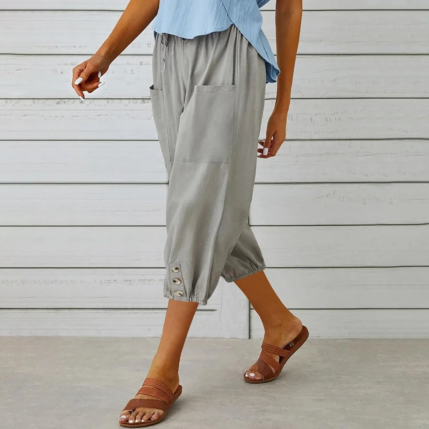 3/4 Length Cotton Linen Trousers for Women Wide Leg Comfy Capri Pants with Front Pockets Baggy Summer Cropped Trouser