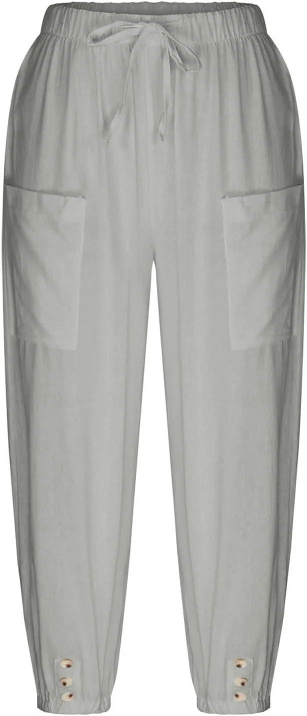 3/4 Length Cotton Linen Trousers for Women Wide Leg Comfy Capri Pants with Front Pockets Baggy Summer Cropped Trouser