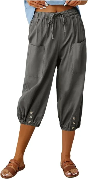 3/4 Length Cotton Linen Trousers for Women Wide Leg Comfy Capri Pants with Front Pockets Baggy Summer Cropped Trouser
