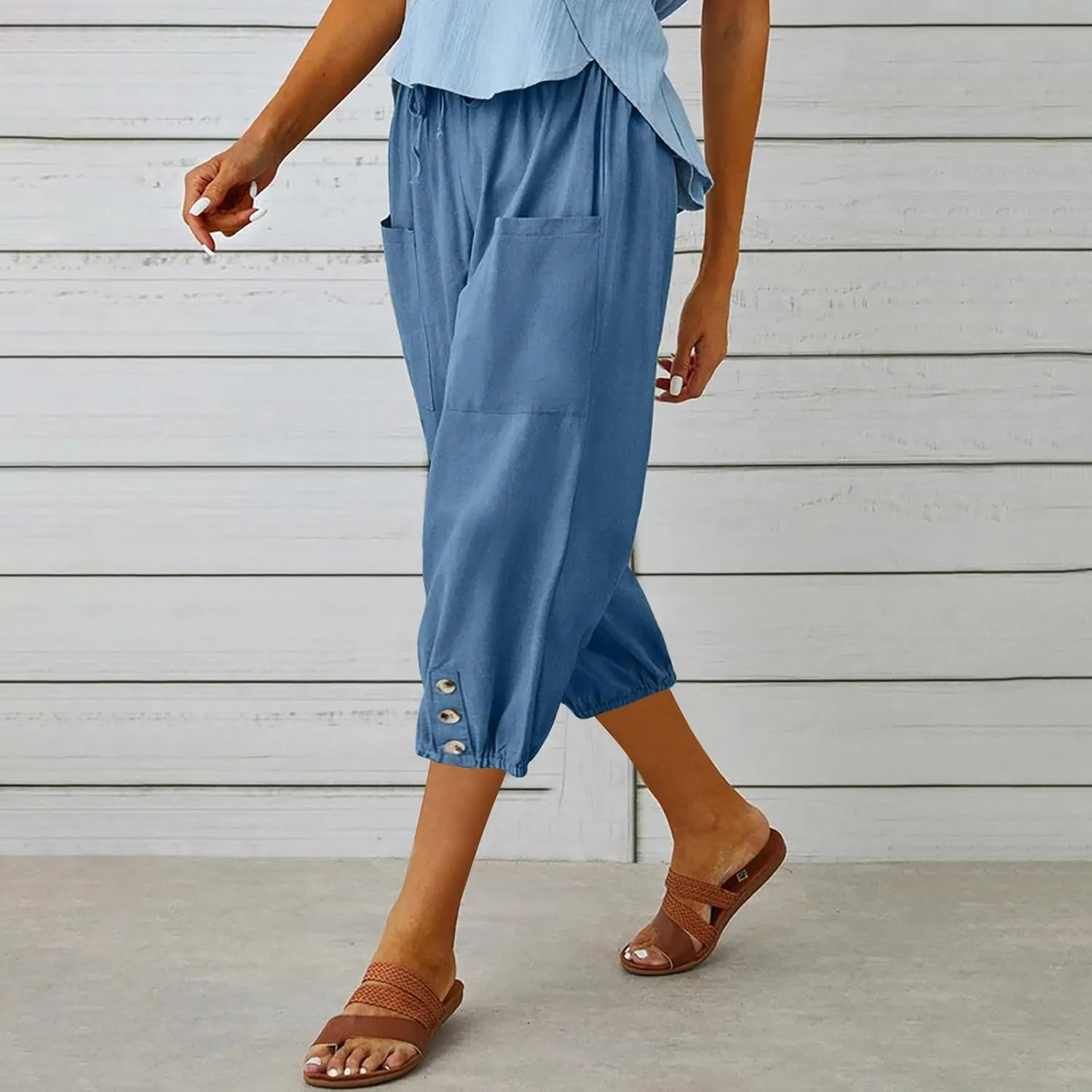 3/4 Length Cotton Linen Trousers for Women Wide Leg Comfy Capri Pants with Front Pockets Baggy Summer Cropped Trouser