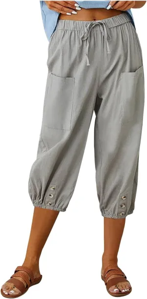 3/4 Length Cotton Linen Trousers for Women Wide Leg Comfy Capri Pants with Front Pockets Baggy Summer Cropped Trouser