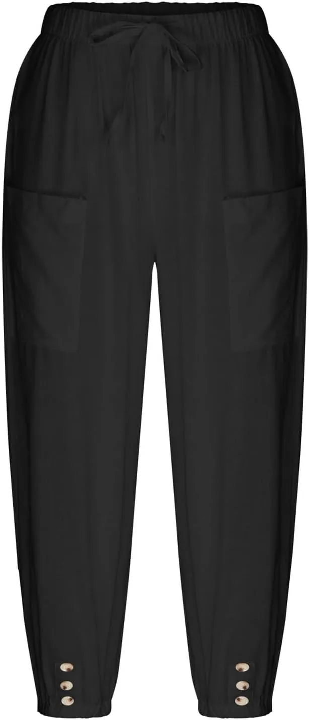3/4 Length Cotton Linen Trousers for Women Wide Leg Comfy Capri Pants with Front Pockets Baggy Summer Cropped Trouser
