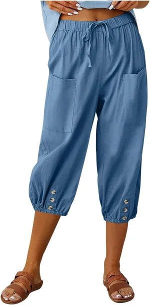 3/4 Length Cotton Linen Trousers for Women Wide Leg Comfy Capri Pants with Front Pockets Baggy Summer Cropped Trouser