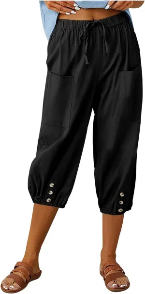 3/4 Length Cotton Linen Trousers for Women Wide Leg Comfy Capri Pants with Front Pockets Baggy Summer Cropped Trouser