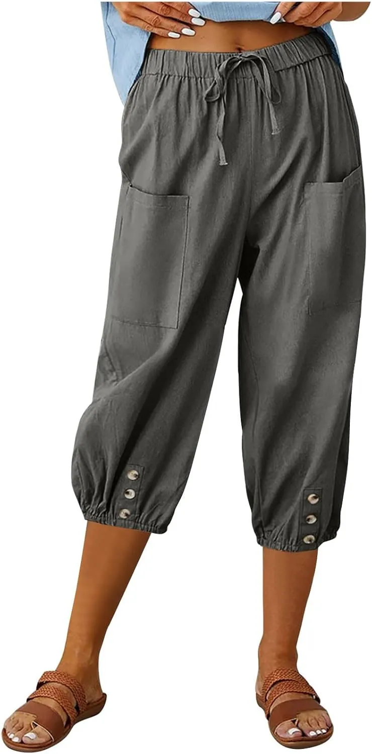 3/4 Length Cotton Linen Trousers for Women Wide Leg Comfy Capri Pants with Front Pockets Baggy Summer Cropped Trouser