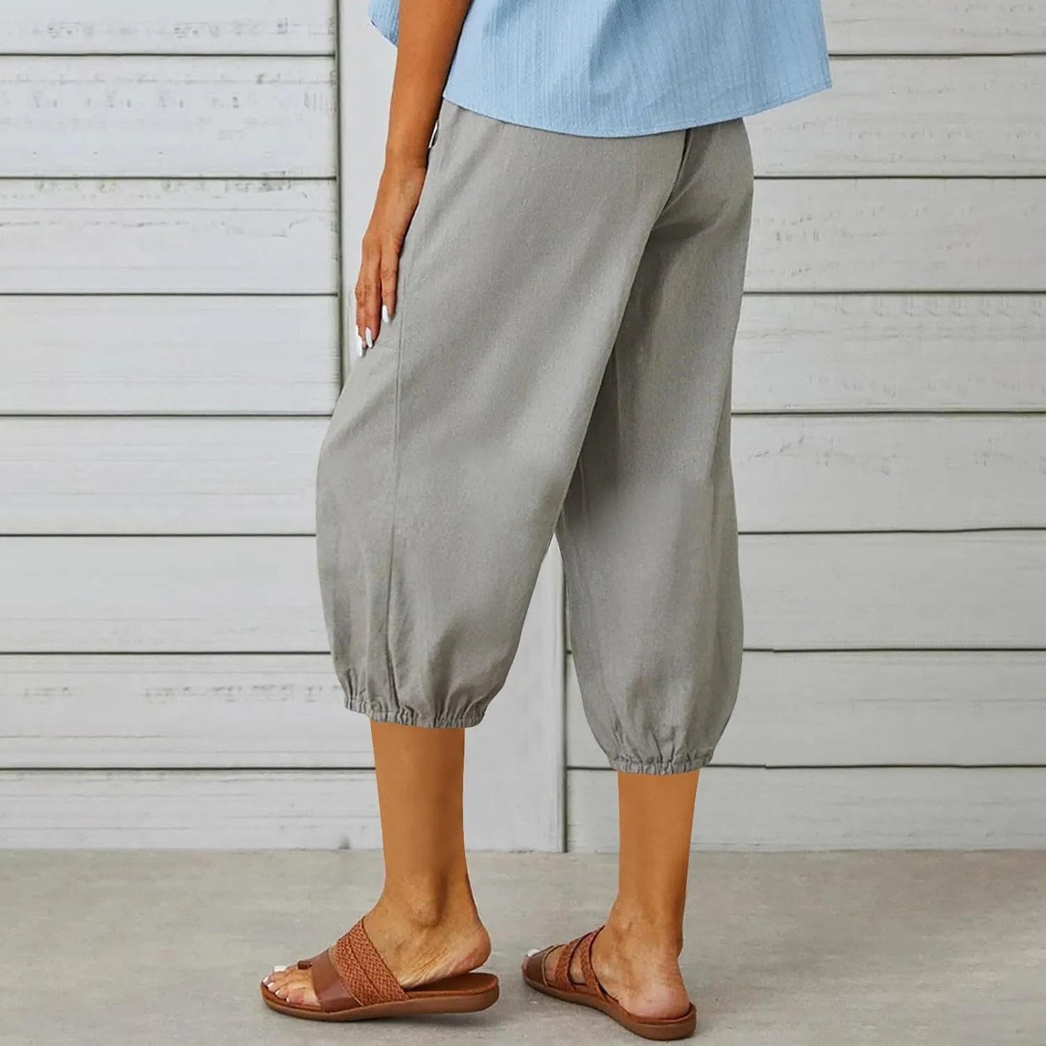 3/4 Length Cotton Linen Trousers for Women Wide Leg Comfy Capri Pants with Front Pockets Baggy Summer Cropped Trouser