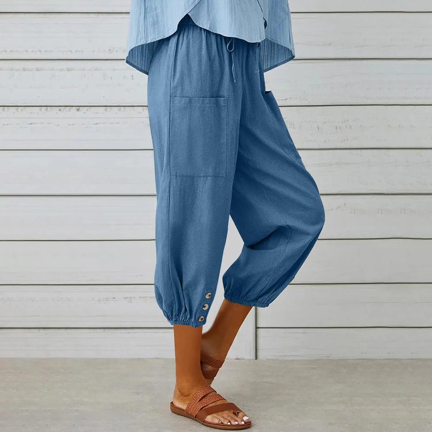 3/4 Length Cotton Linen Trousers for Women Wide Leg Comfy Capri Pants with Front Pockets Baggy Summer Cropped Trouser