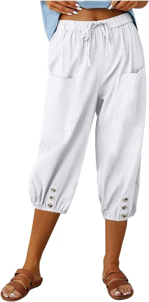 3/4 Length Cotton Linen Trousers for Women Wide Leg Comfy Capri Pants with Front Pockets Baggy Summer Cropped Trouser