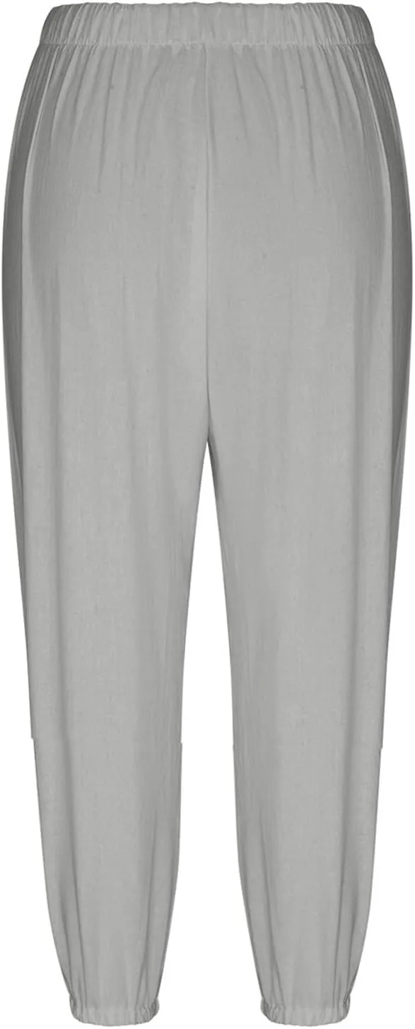 3/4 Length Cotton Linen Trousers for Women Wide Leg Comfy Capri Pants with Front Pockets Baggy Summer Cropped Trouser