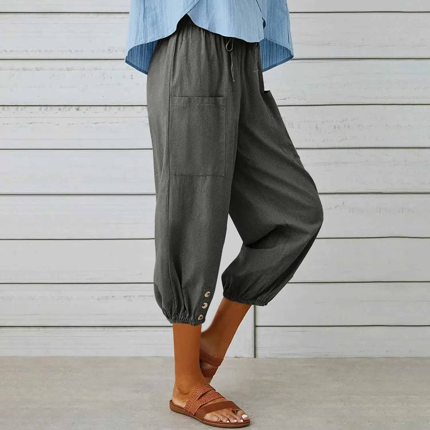 3/4 Length Cotton Linen Trousers for Women Wide Leg Comfy Capri Pants with Front Pockets Baggy Summer Cropped Trouser