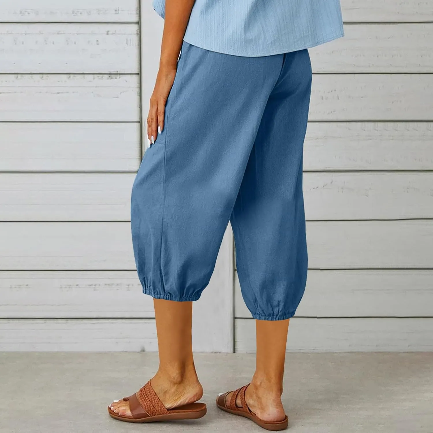 3/4 Length Cotton Linen Trousers for Women Wide Leg Comfy Capri Pants with Front Pockets Baggy Summer Cropped Trouser