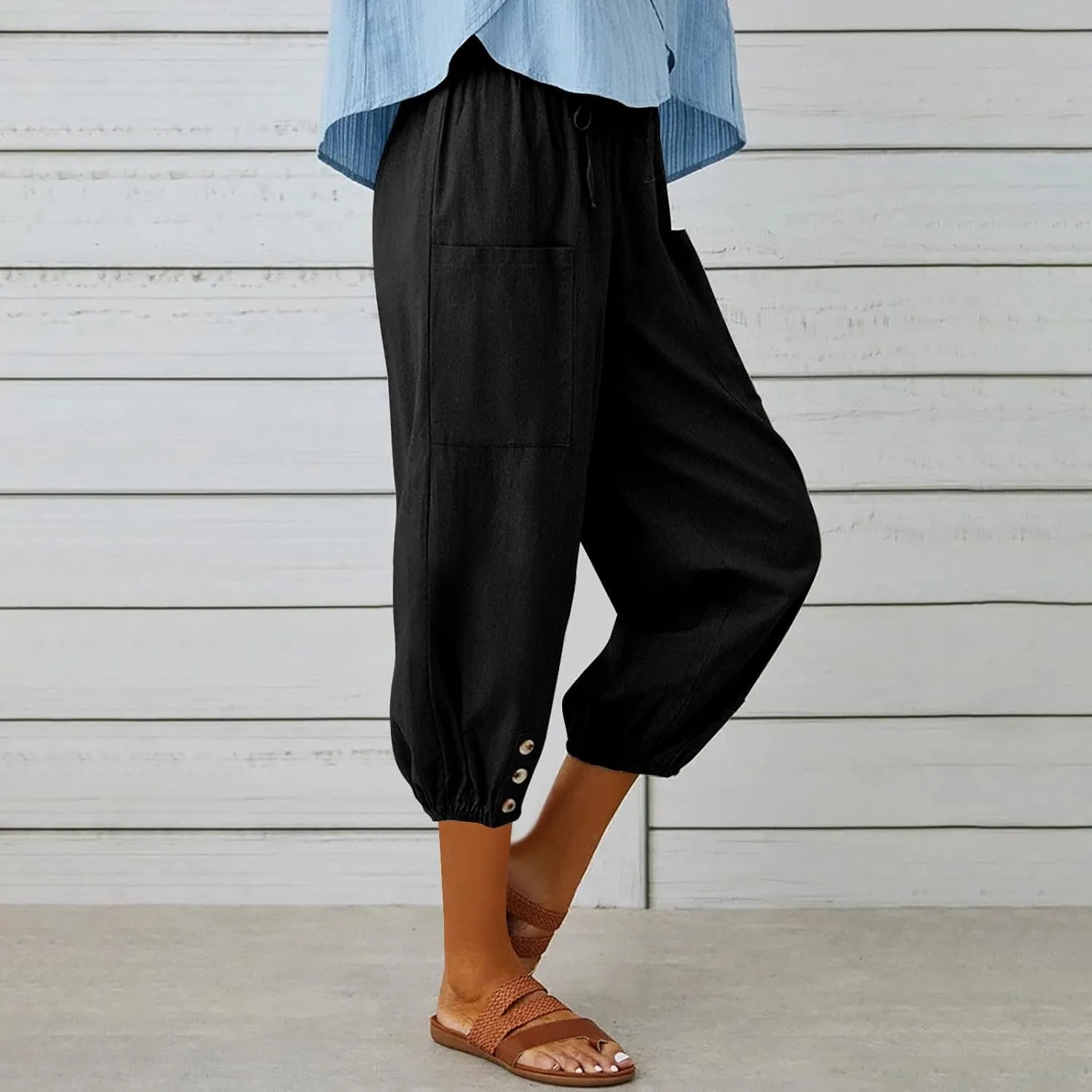 3/4 Length Cotton Linen Trousers for Women Wide Leg Comfy Capri Pants with Front Pockets Baggy Summer Cropped Trouser