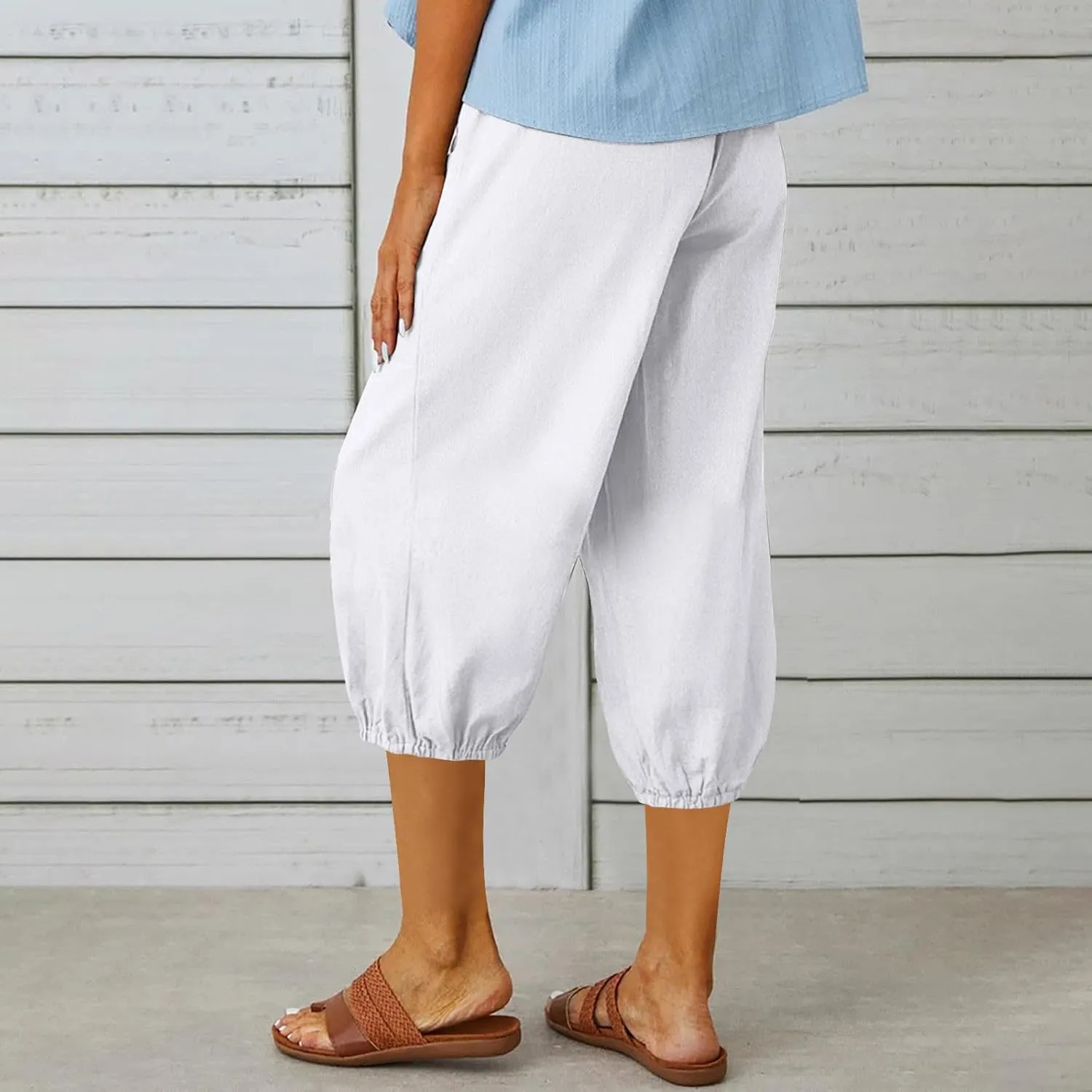 3/4 Length Cotton Linen Trousers for Women Wide Leg Comfy Capri Pants with Front Pockets Baggy Summer Cropped Trouser