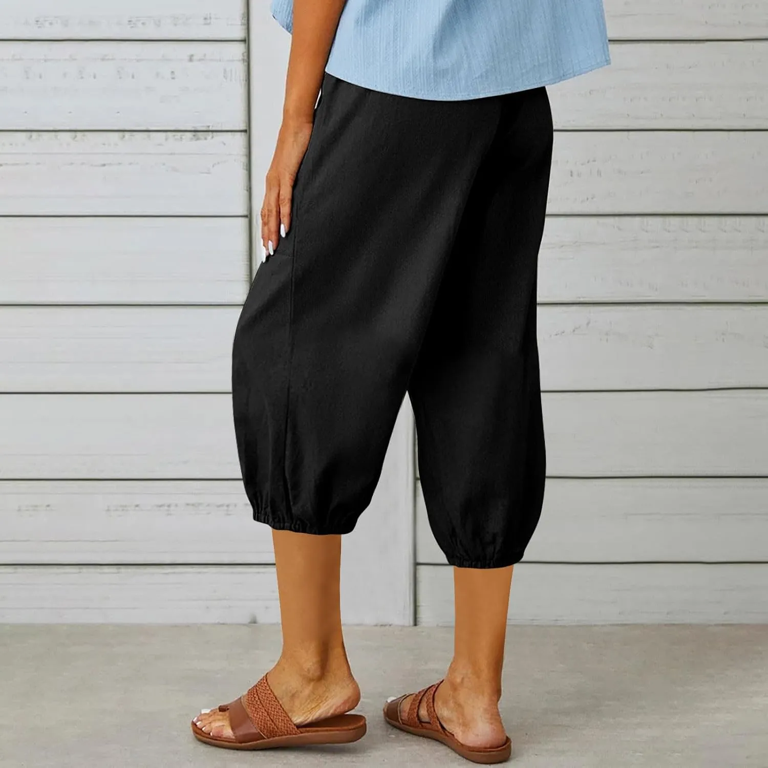 3/4 Length Cotton Linen Trousers for Women Wide Leg Comfy Capri Pants with Front Pockets Baggy Summer Cropped Trouser
