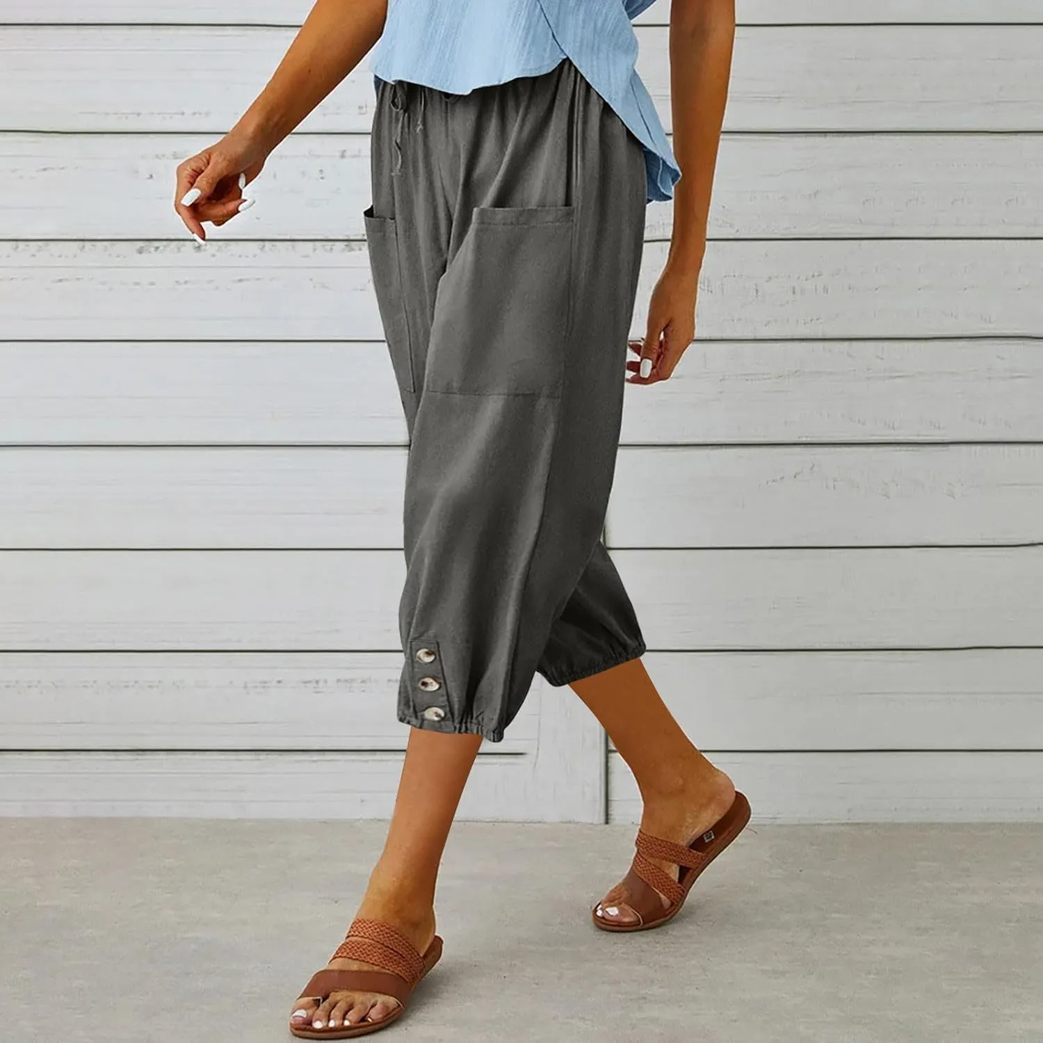 3/4 Length Cotton Linen Trousers for Women Wide Leg Comfy Capri Pants with Front Pockets Baggy Summer Cropped Trouser