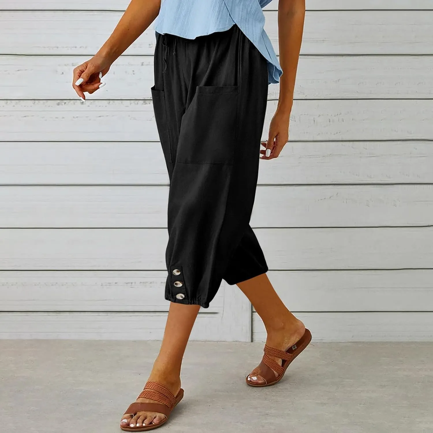 3/4 Length Cotton Linen Trousers for Women Wide Leg Comfy Capri Pants with Front Pockets Baggy Summer Cropped Trouser