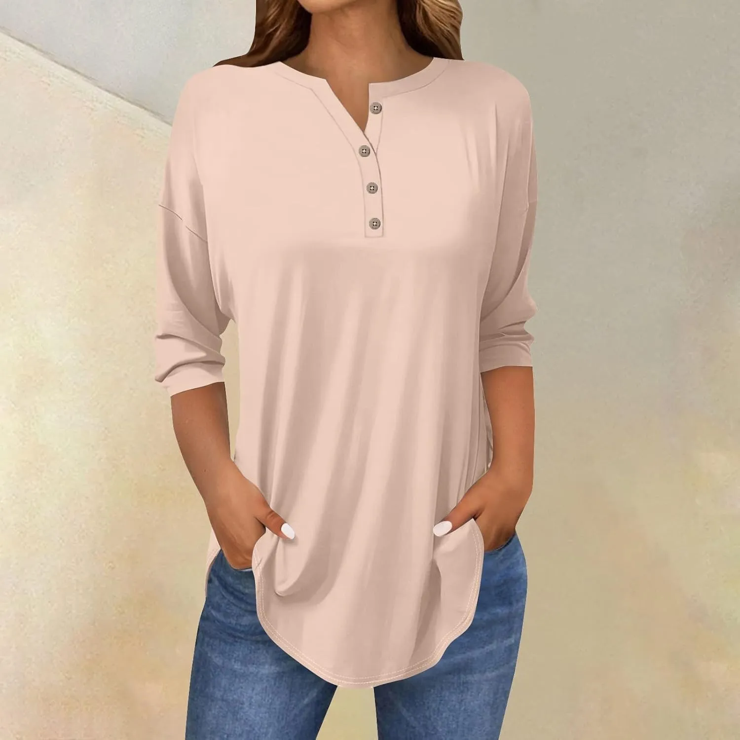 3/4 Length Sleeve Womens Tops 2025 Casual Loose Fit Long Tunic Tops Henley Neck Three Quarter Sleeve Button Up Shirts