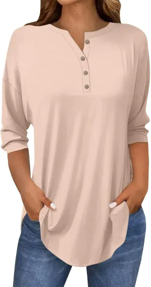 3/4 Length Sleeve Womens Tops 2025 Casual Loose Fit Long Tunic Tops Henley Neck Three Quarter Sleeve Button Up Shirts