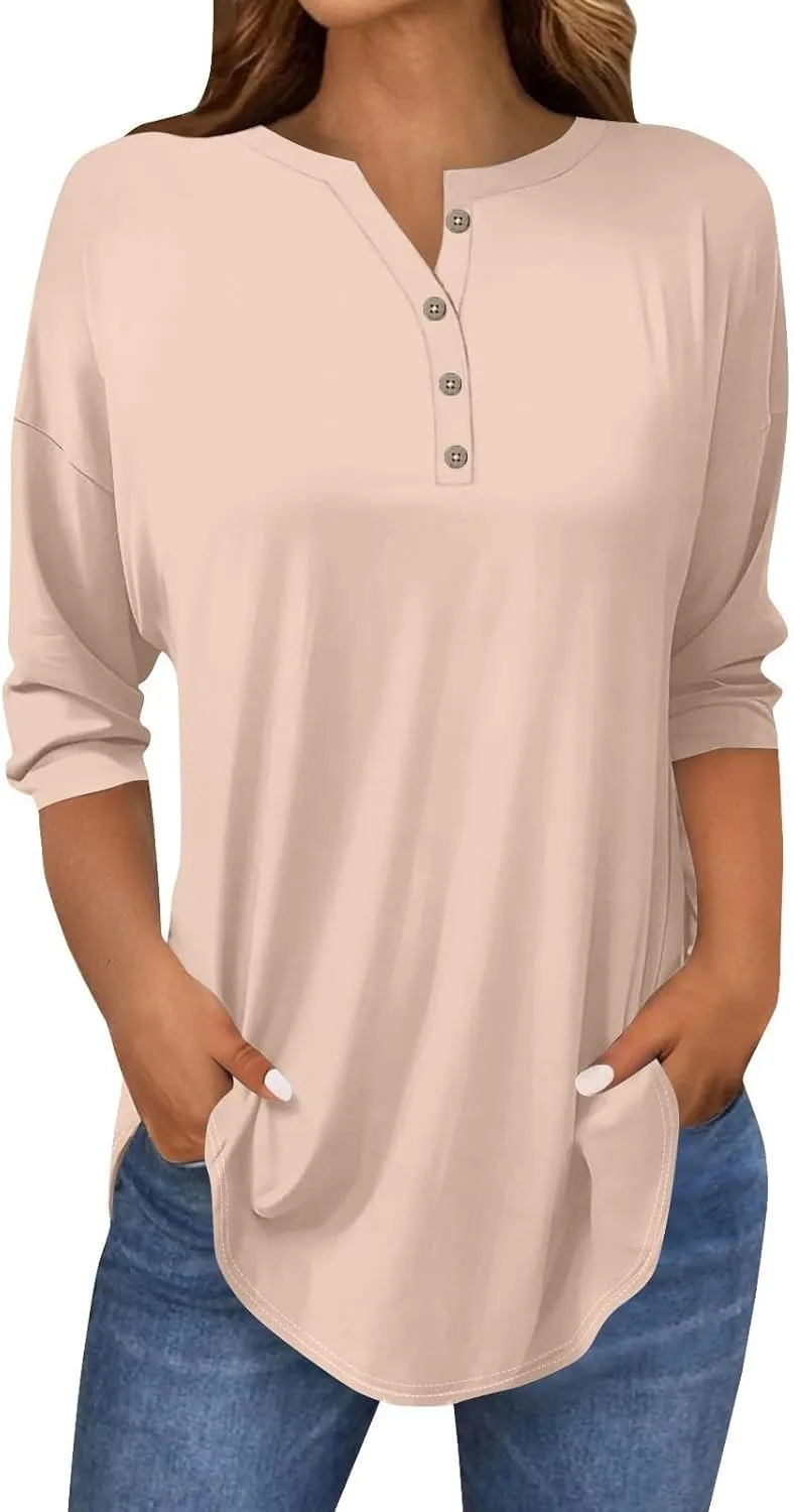 3/4 Length Sleeve Womens Tops 2025 Casual Loose Fit Long Tunic Tops Henley Neck Three Quarter Sleeve Button Up Shirts