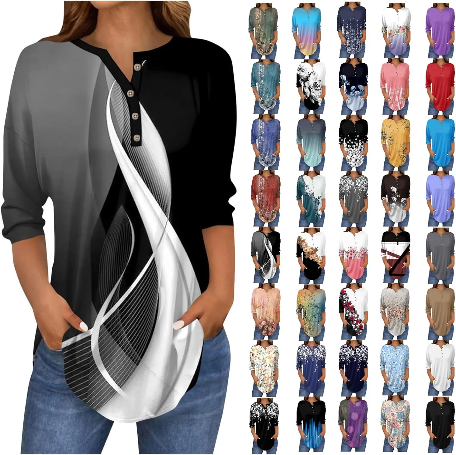 3/4 Length Sleeve Womens Tops 2025 Spring Henley Neck Casual Print Tunic T Shirts Summer Trendy Boho Floral Blouses