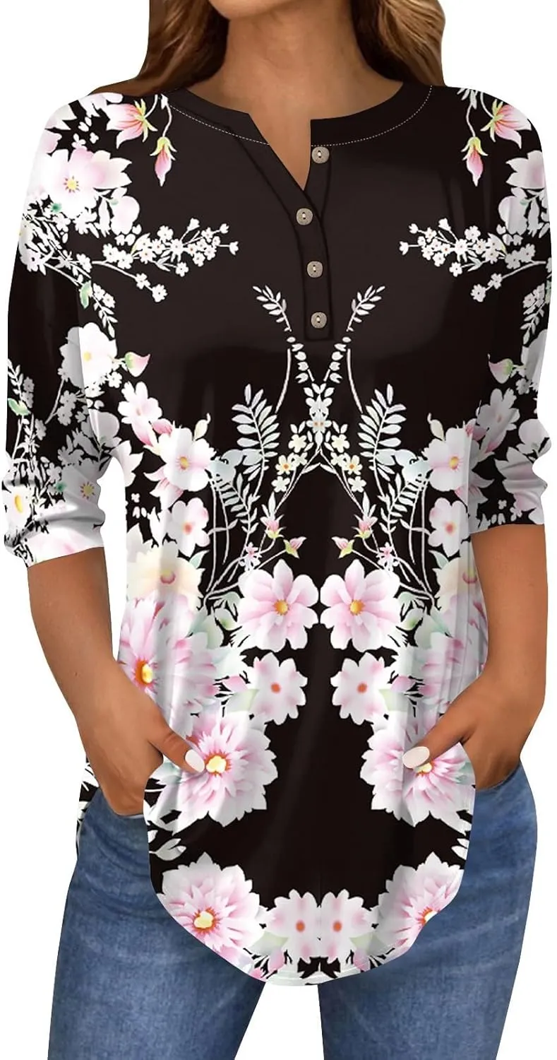3/4 Length Sleeve Womens Tops 2025 Spring Summer Henley Neck Trendy Shirts Loose Fit Dressy Casual Blouses