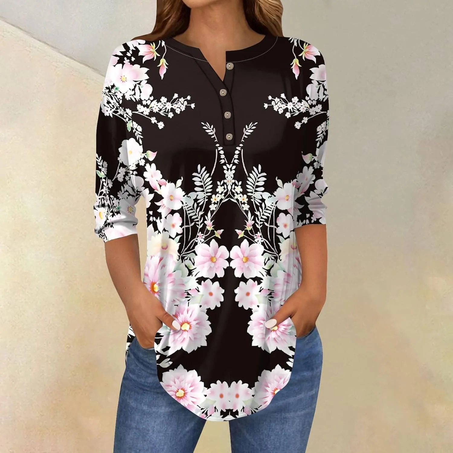 3/4 Length Sleeve Womens Tops 2025 Spring Summer Henley Neck Trendy Shirts Loose Fit Dressy Casual Blouses
