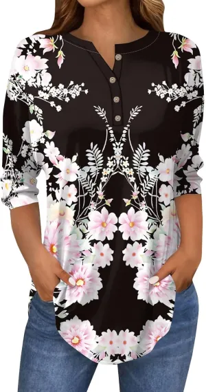 3/4 Length Sleeve Womens Tops 2025 Spring Summer Henley Neck Trendy Shirts Loose Fit Dressy Casual Blouses