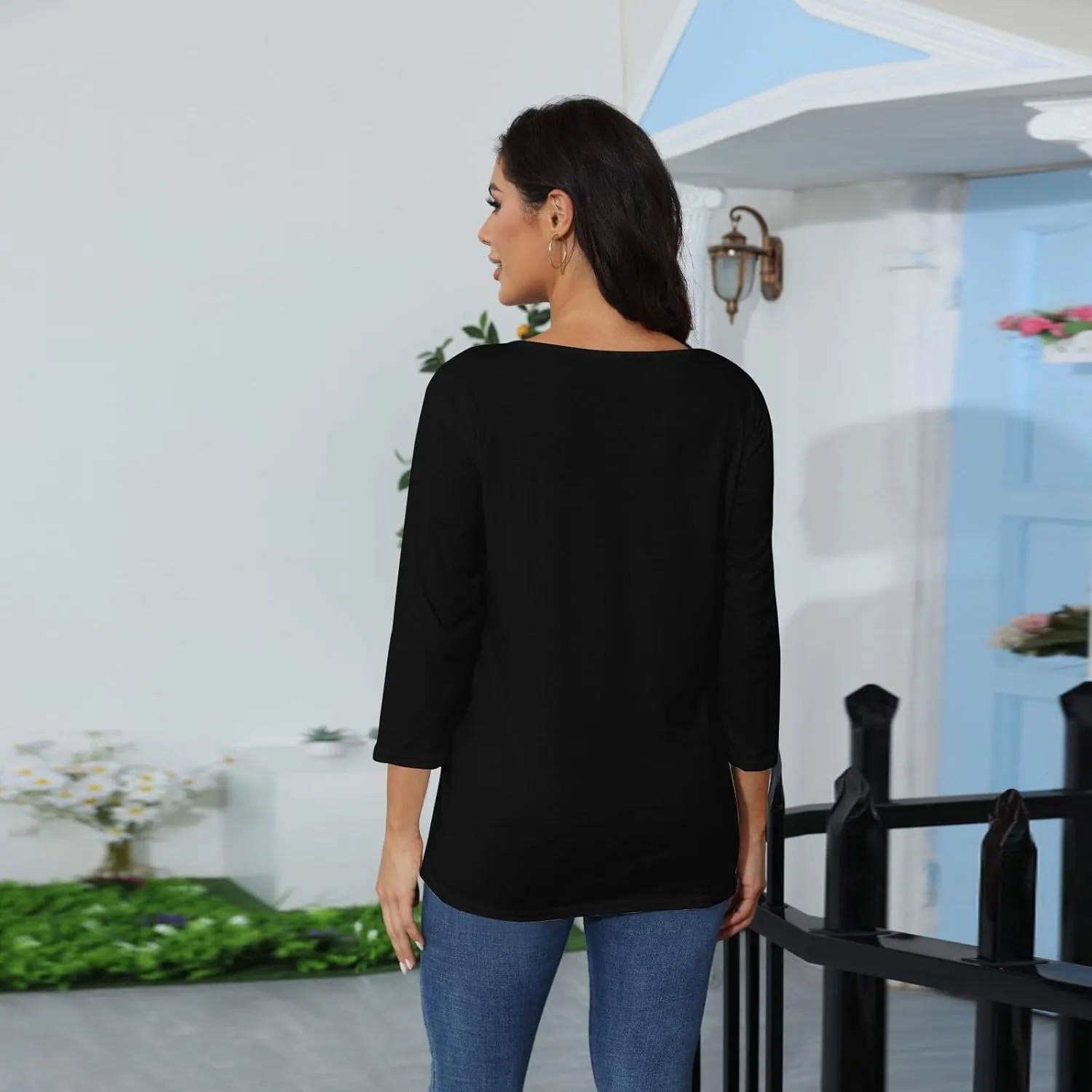 3/4 Length Sleeve Womens Tops Casual Loose Fit Crewneck T Shirts Cute Solid Summer Tops 2024
